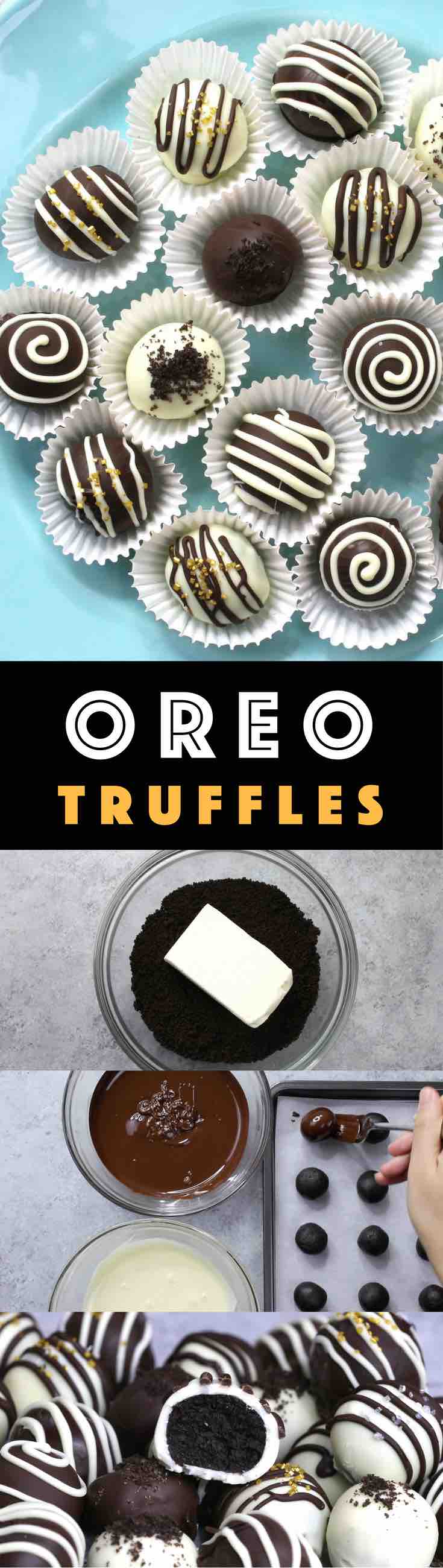 4 Ingredient Oreo Truffles - the easiest and most beautiful dessert you will ever make! Only 4 ingredients required: Oreos, cream cheese, white chocolate and dark semi-sweet chocolate. Sprinkles are optional. Oreo crumbs are mixed with creamy cheesecake, and then covered with melted chocolate. So Good! Quick and easy recipe, party desserts. No Bake. Vegetarian. Video recipe. | Tipbuzz.com