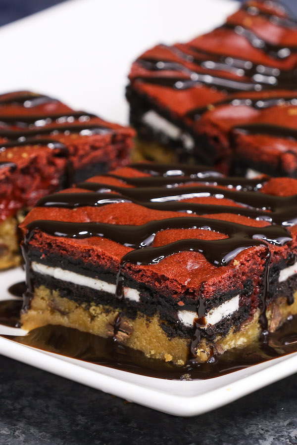 Oreo cookie brownies made with red velvet cake mix