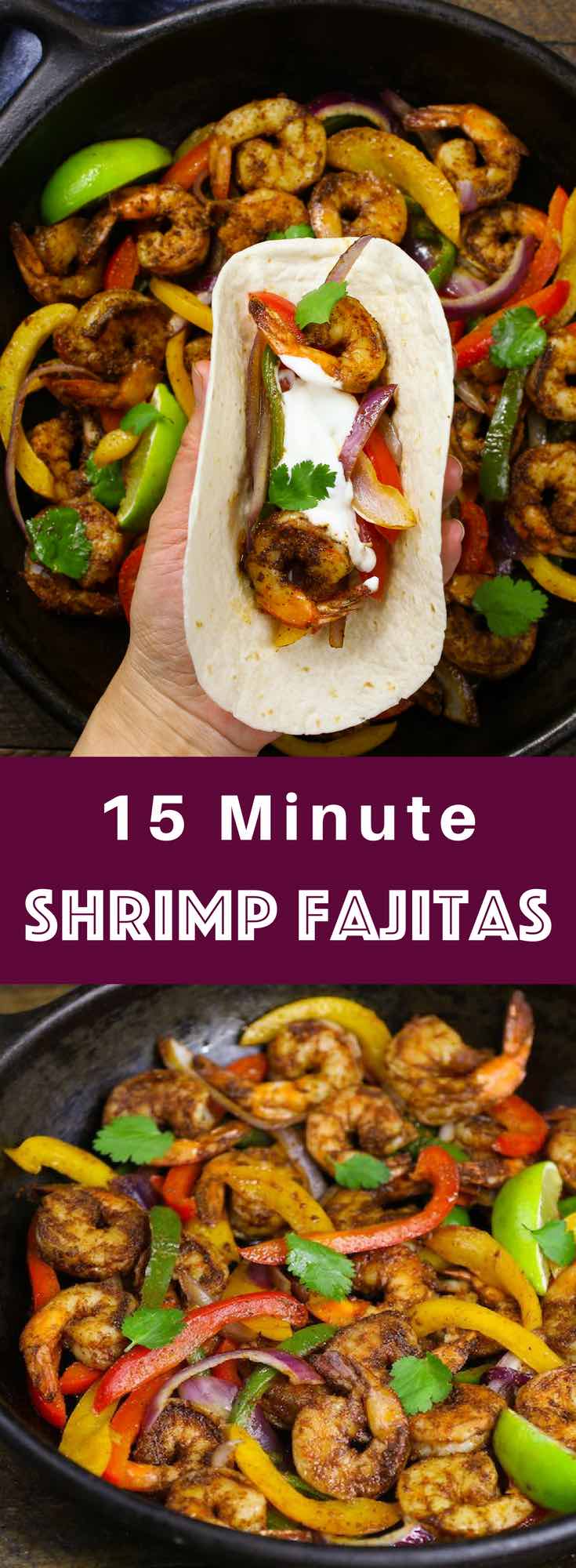These Shrimp Fajitas are easy to make in just 15 minutes – sizzling, caramelized shrimp cooked with seared bell peppers and onions in flavorful fajita seasonings. It’s like restaurant-style fajitas but even better!