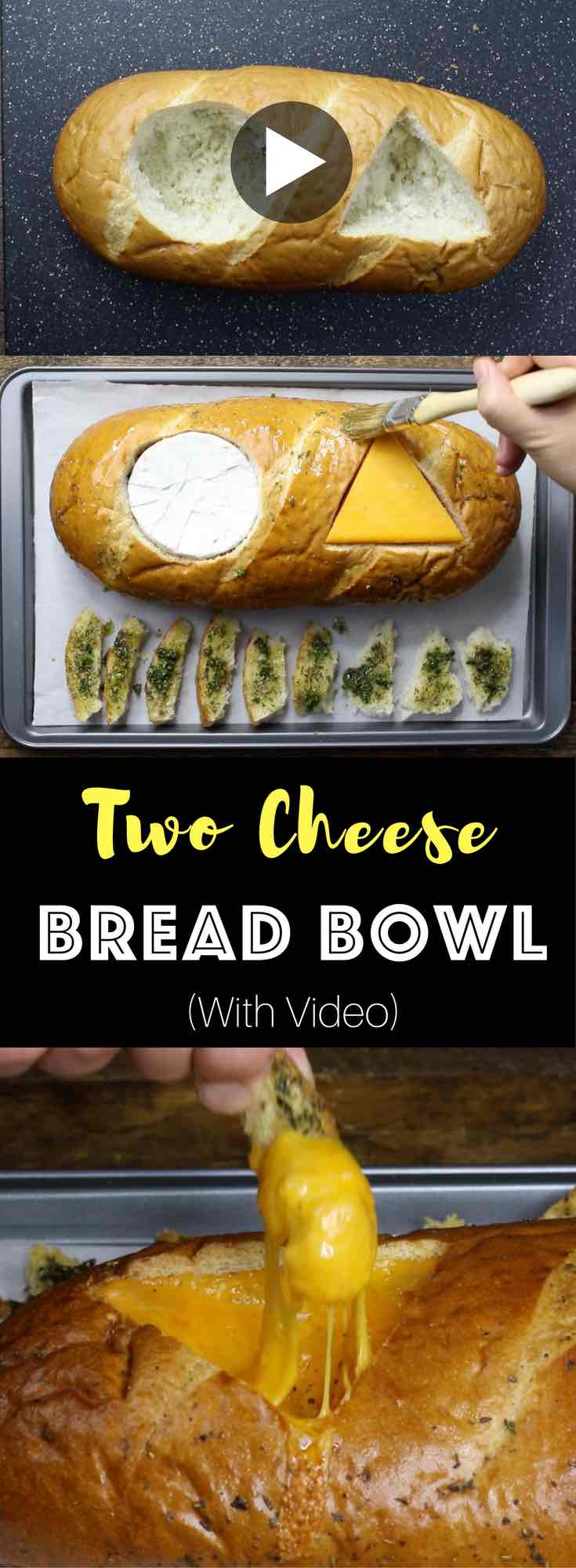 Two Cheese Bread Bowl – Flavorful, fondue-like camembert and cheddar cheese baked inside of bread loaf. Served crispy Italian and herb seasoned bread slices. So Good! This cheese dip recipe is a quick and easy snack recipe that’s perfect for a holiday party or Super Bowl party. Vegetarian, video recipe. | Tipbuzz.com